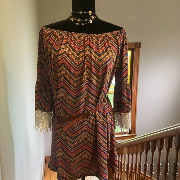 Fall Boho Dress w/ Beautiful Lace Sleeves Cottagecore Aztec Southwestern Medium - Picture 1 of 6